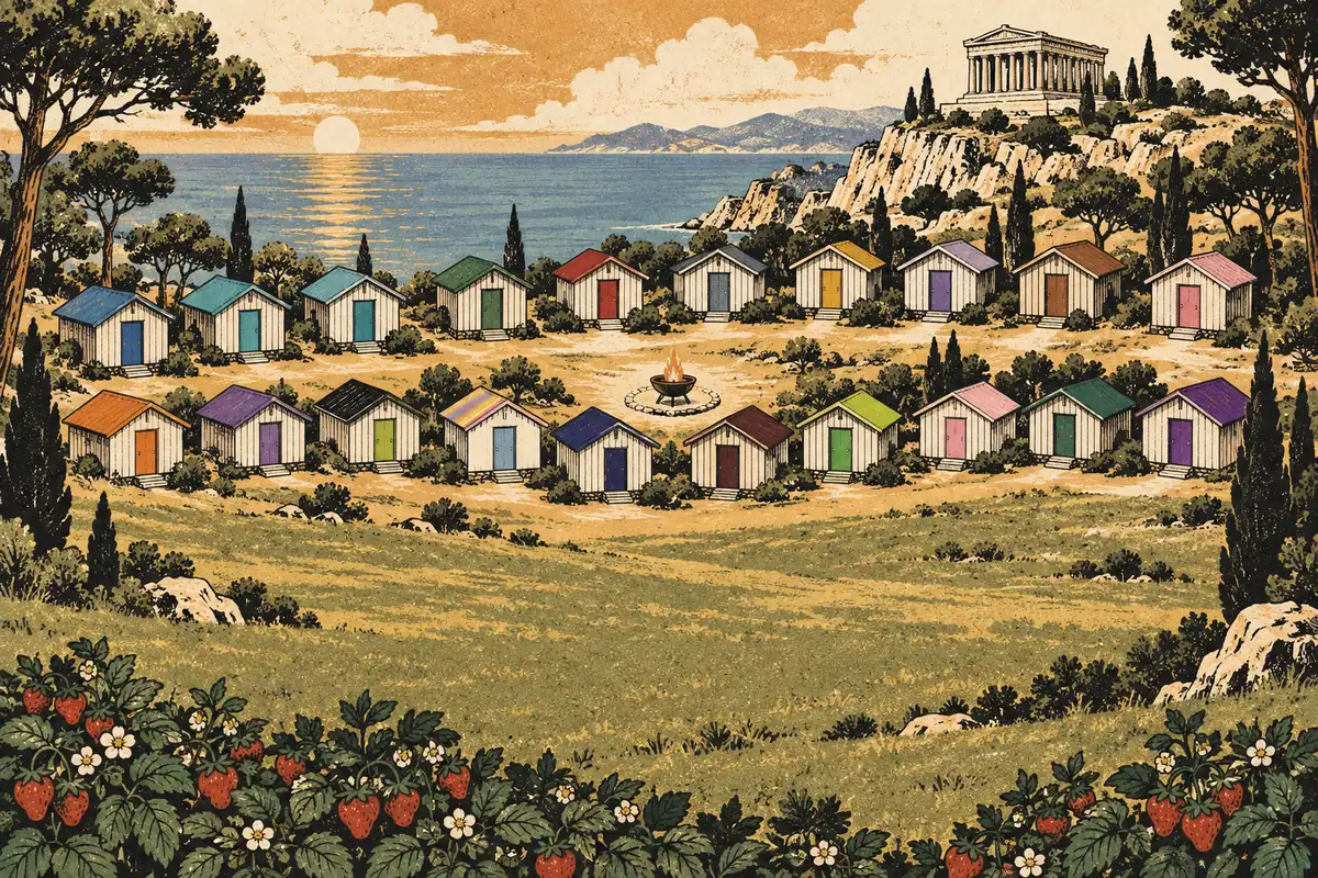 Twenty small cabins with coloured doors on a hillside above the sea, a fire bowl in the middle and a stone temple on the cliff