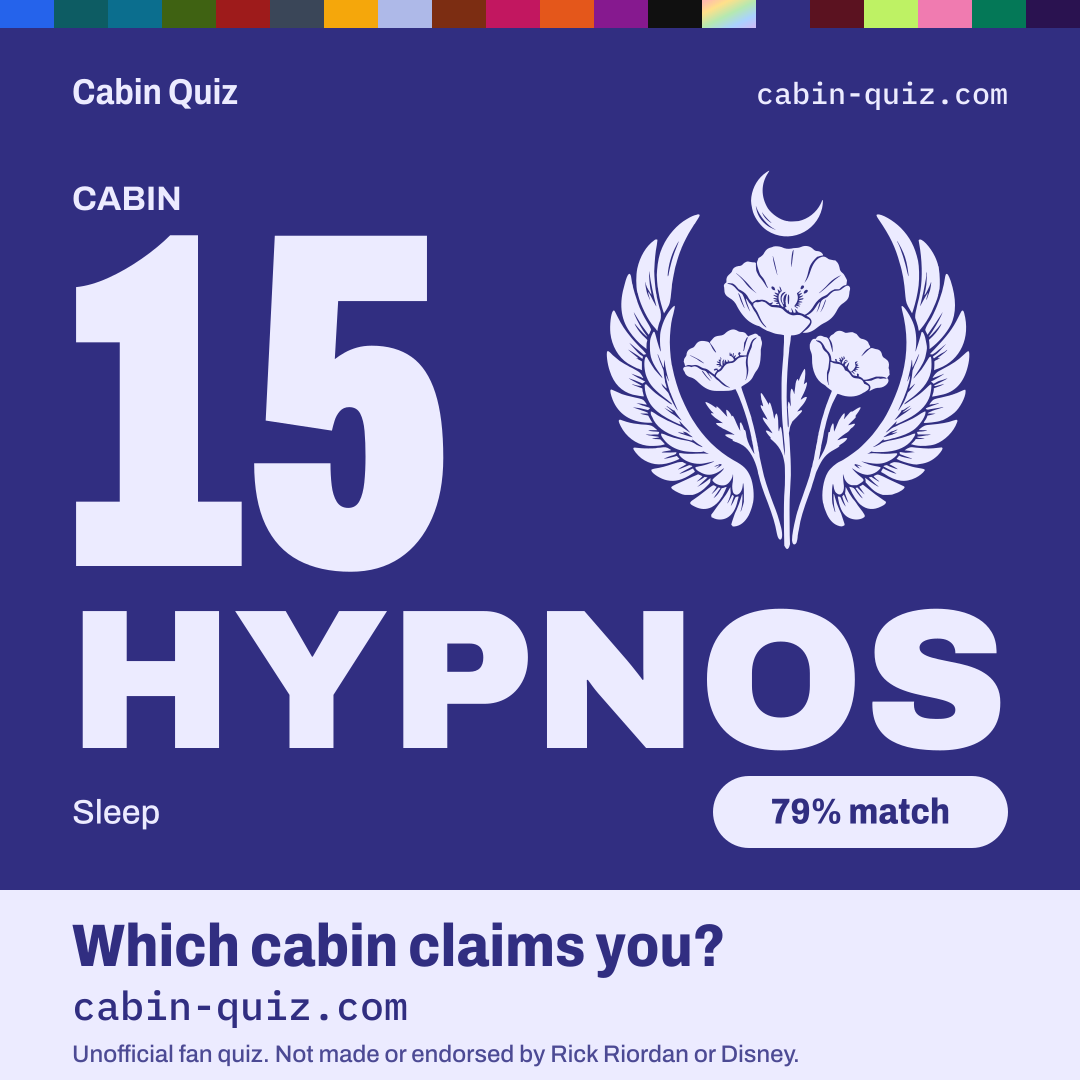 Hypnos cabin (Cabin 15) example result card from the Percy Jackson cabin quiz: sleep
