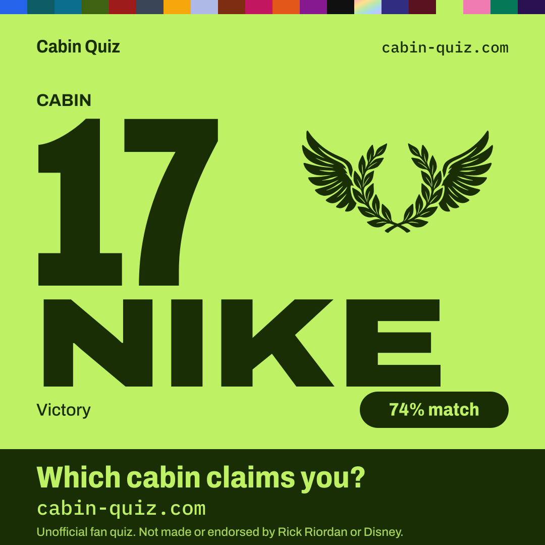 Nike cabin (Cabin 17) example result card from the Percy Jackson cabin quiz: victory
