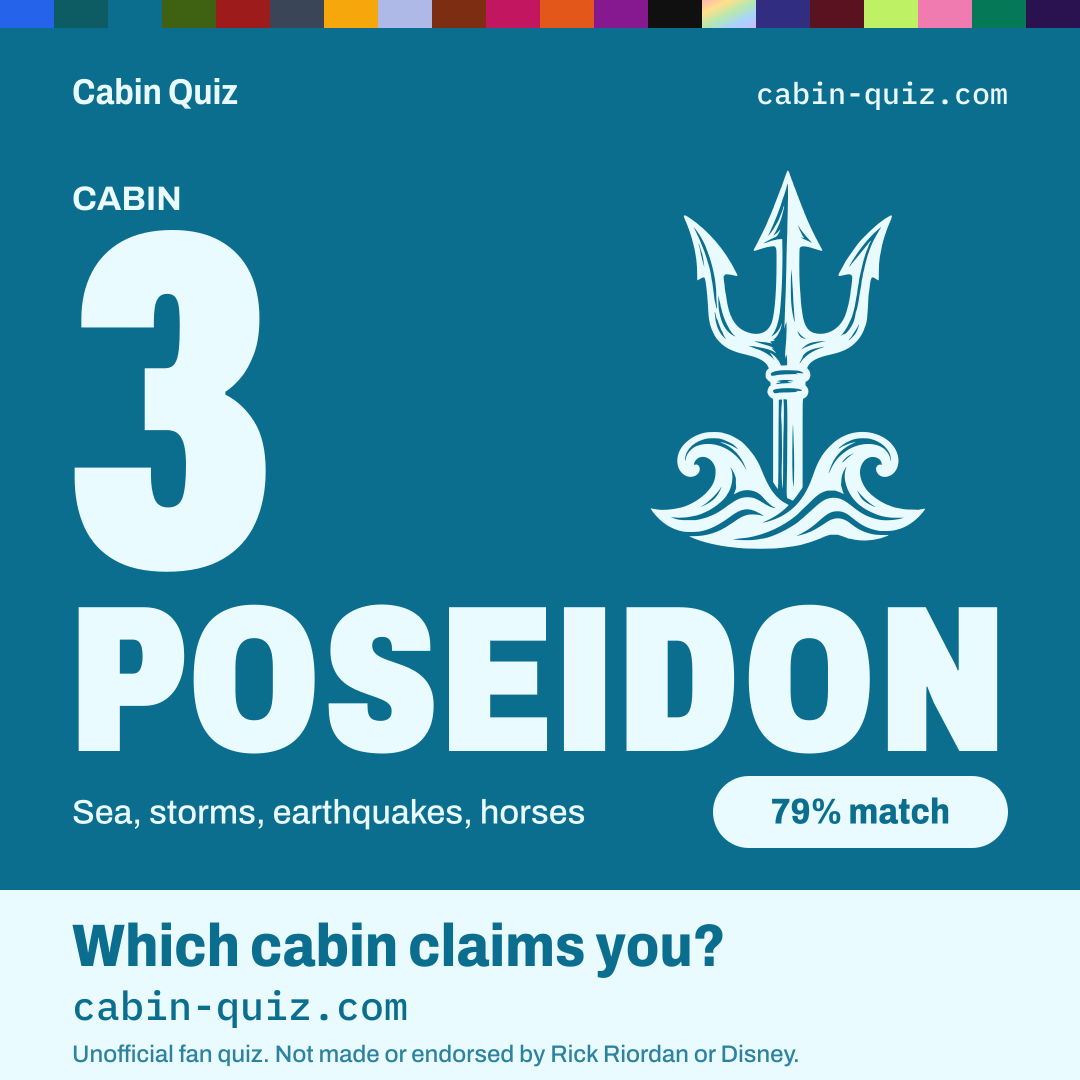 Poseidon cabin (Cabin 3) example result card from the Percy Jackson cabin quiz: sea, storms, earthquakes, horses