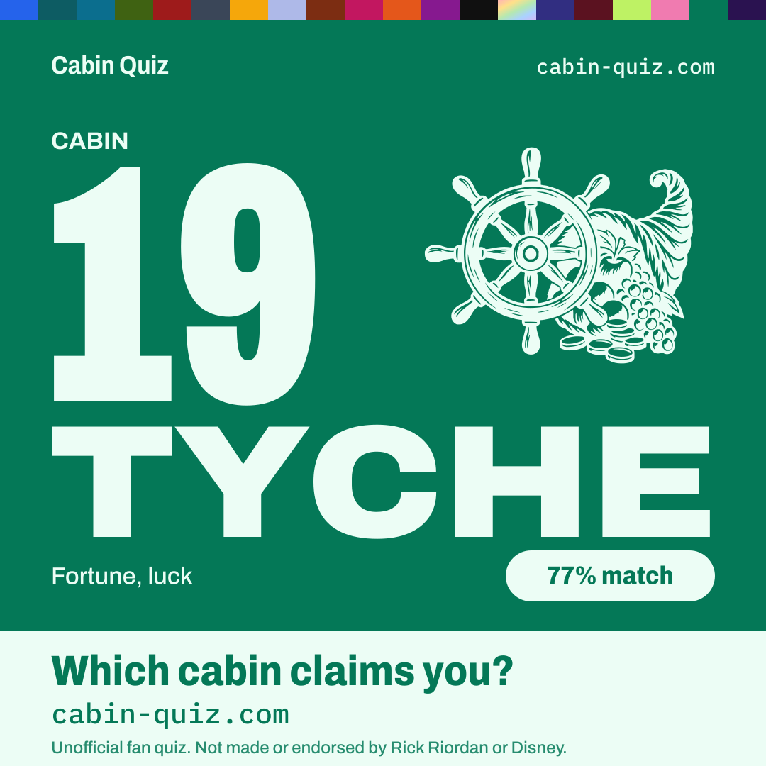 Tyche cabin (Cabin 19) example result card from the Percy Jackson cabin quiz: fortune, luck