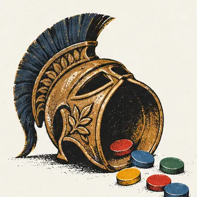 A bronze helmet tipped on its side, spilling coloured tokens
