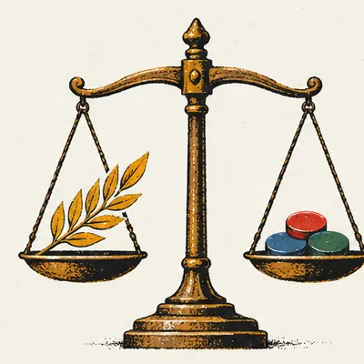 Old brass scales with an olive branch in one pan and three coloured tokens in the other