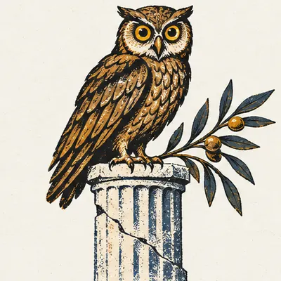 An owl sitting on a cracked stone column beside an olive branch