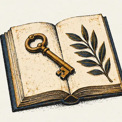 An open book with a brass key and an olive branch lying on its pages